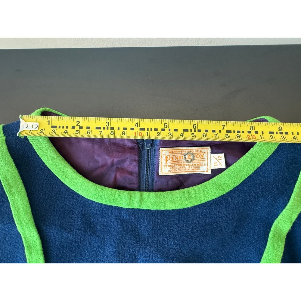 Vintage 1960s Pendleton Wool Mini Dress 11/12 Navy Green Mod Shift A-Line - Picture 7 of 11
